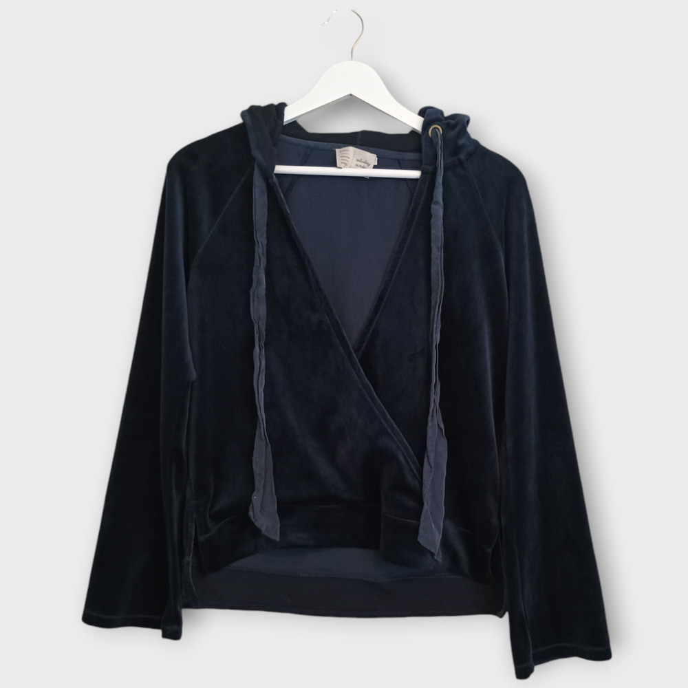Anthropologie Saturday Sunday Hoodie Women XS Navy Velour Faux Wrap Whimsy Goth